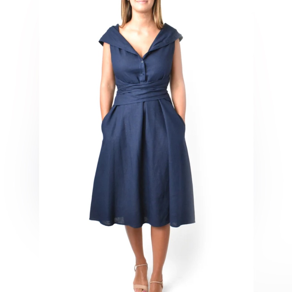 Anthropologie Amadi Octavia Linen blend Navy Wrap Tie Dress M